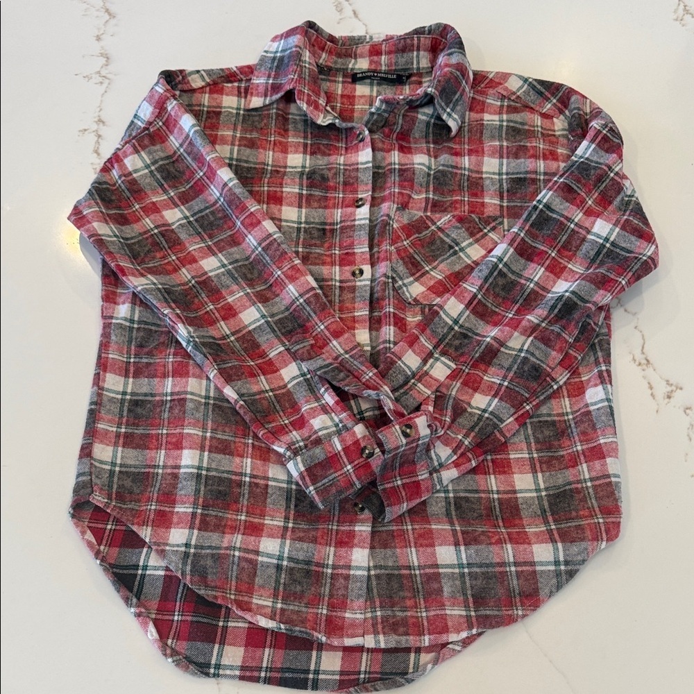 Brandy Melville Plaid Flannel Button Up Shirt Red Gray One Size